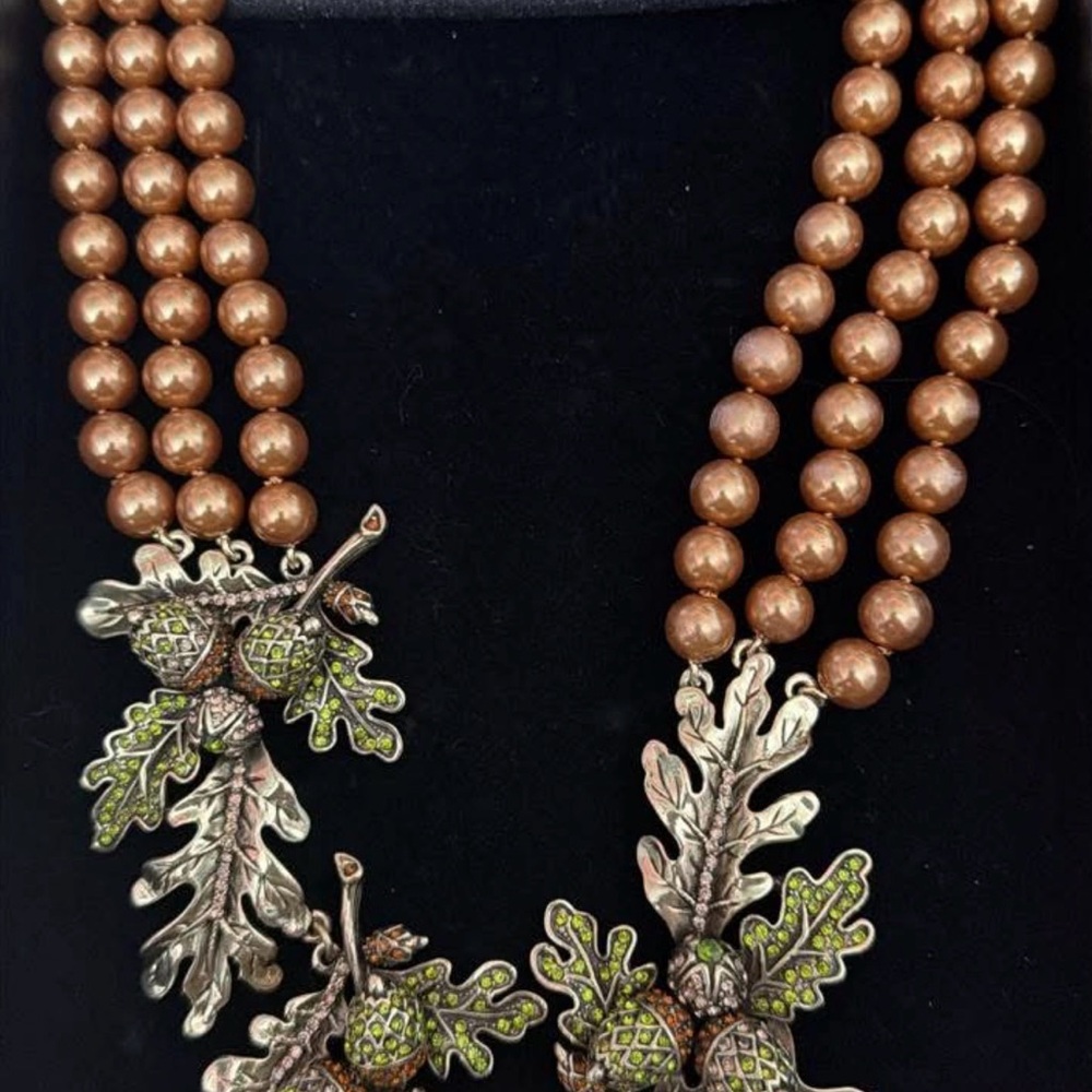 Heidi Daus Bronze Pearl Multi-Strand Necklace with Green Oak & Acorn Charms